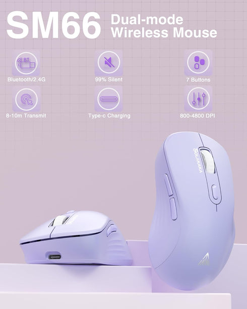 SM66 Purple Silent Dual Mode Wireless Mouse for Laptop, Adjustable 4800 DPI,Rechargeable Computer Mouse for Bluetooth and Wireless Connection