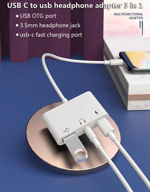 USB C to USB Adapter for Headphones, 3 in 1 USB-C Fast Charging Adapter, Super Speed Data Transfer, 60W Charging