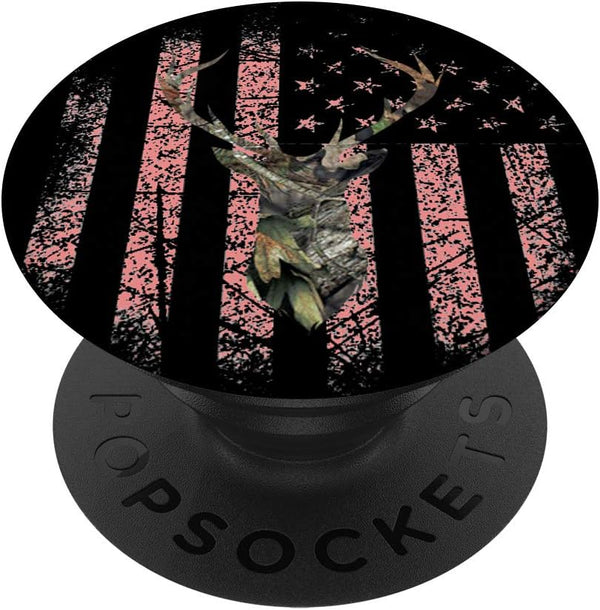 USA Flag Pink Black Background PopSockets - Women Girls Deer Hunting Camo Swappable Grip
