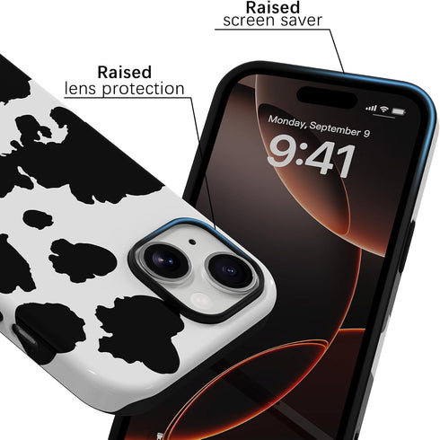 Skyseaco 15 2-Layer for iPhone Case, Treny Milk Cow Print Phone Case Hybrid Hard Shell, Shockproof Soft for Girl Women