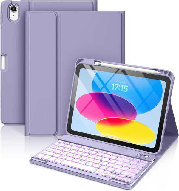 Hamile for iPad 10th Generation Case with Wireless Keyboard, 7 Colors Backlit Detachable Folio Cover - Lavender