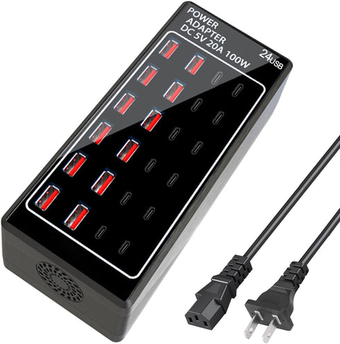 USB Charger Block 100W (20A), 24 Port Multiple USB Charger Station, Desktop USB Wall Charger for Apple & Samsung