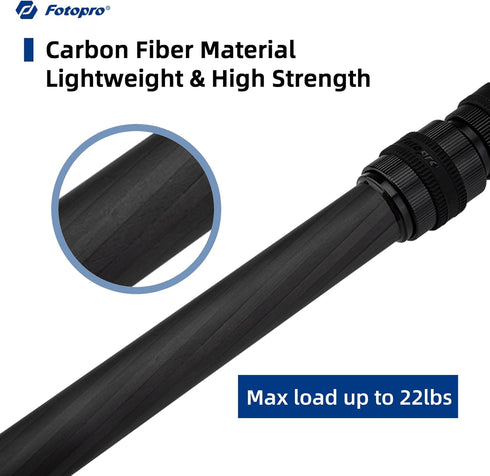Fotopro 25" Carbon Fiber Tripod - 3-Section Extension Tube, Max Load 22lbs