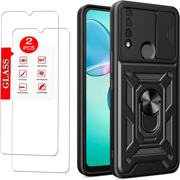 TCL 30 XE 5G Case with Magnetic Kickstand, Military-Grade Armor, Lens Protector & 2-Pack Tempered Glass - Black