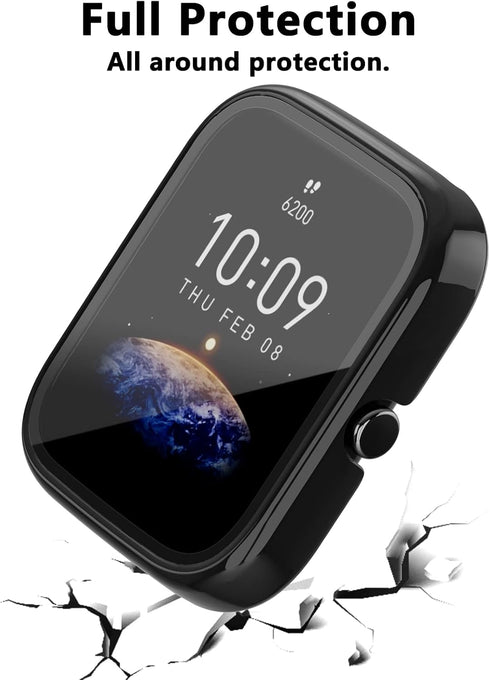 Screen Protector for Amazfit Bip 3/Bip 3 Pro Smartwatch, 2-Pack Hard PC Bumper Full Face Cover Accessories (Black)