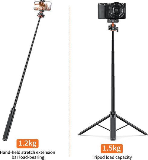 VRIG TP16 Camera Tripod - 55 inch Extendable Phone Selfie Stick Stand with 2 in 1 Phone Clip, 360° Ball Head