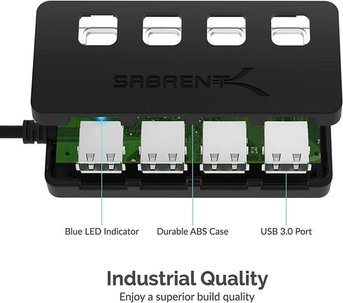 SABRENT 4 3.0 5V/2.5A (HB-UMP3) Port USB Hub with Individual LED Lit Power Switches, Includes Power Adapter