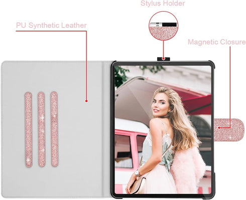 Fingic iPad Air 13 inch Case 2024, iPad Pro 12.9 inch 2018-2022 Case with Pencil Holder, Rose Gold
