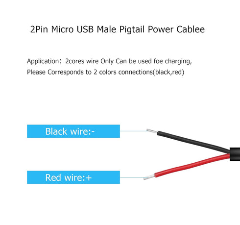 YAODHAOD Micro USB Male 2 Pin Bare Wire, 5V 3A Pigtail Power Cable for USB Equipment (5PCS)