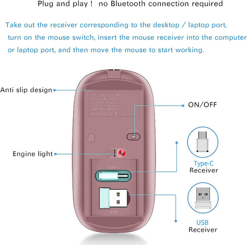 Wireless Mouse for MacBook Pro, Air, iMac, Desktop Computer, Chromebook, Win7/8/10 PC HP Dell (Rose Gold)