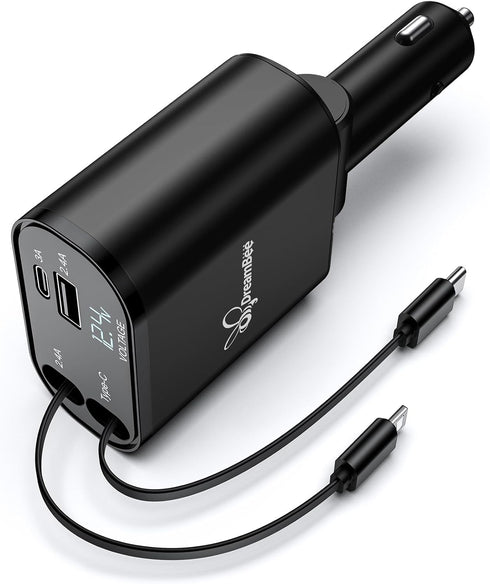 Retractable Car Charger, 66W 4 in 1 Super Fast Charge Adapter, 31.5 inch Cables, 2 USB Ports for iPhone 15/14/13