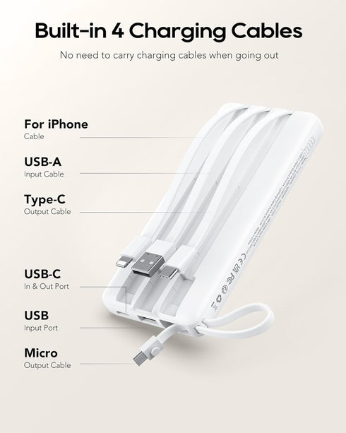 VRURC Portable Charger 10000mAh with Built-in Cables, LED Display Slim USB C Battery Pack for iPhone, Samsung, Android