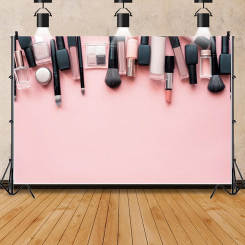XMJJKUF 8x6.5ft Polyester Makeup Tools Backdrop Pink Makeup Set Backdrop Brush Lipstick Eyeshadow