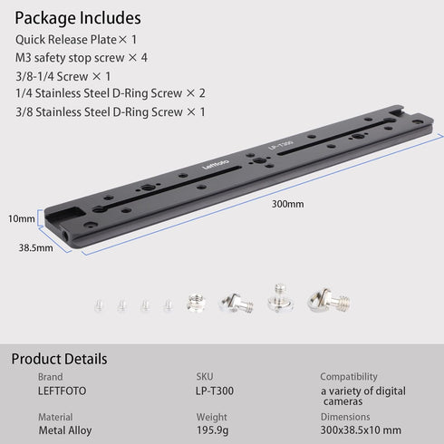 Leftfoto 300mm 1/4" 3/8" Dovetail Slide Rail,Arca Swiss Type Quick Release Plate with Locating Hole for ARRI,with More