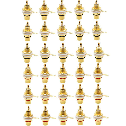 RCA Panel Mount Chassis Socket Plug Jack - Gold Plated Female Connector, Red Black (30 Pcs)