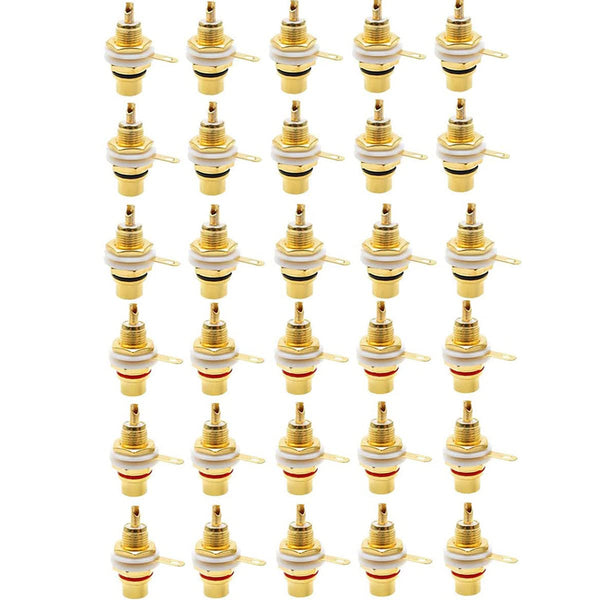 RCA Panel Mount Chassis Socket Plug Jack - Gold Plated Female Connector, Red Black (30 Pcs)