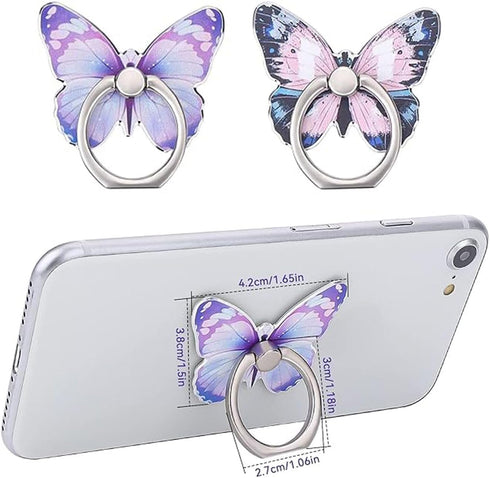 2 Pcs Butterfly Cell Phone Ring Stand Holder, Cute 360° Rotating Metal Finger Stand Holder (Purple, Blue)