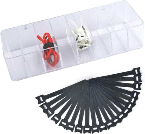Acrylic Electronics Organizer - 8 Sections Clear Cable Storage Bin Box with 20 PCS 6 Inch Reusable Cable Tie Straps