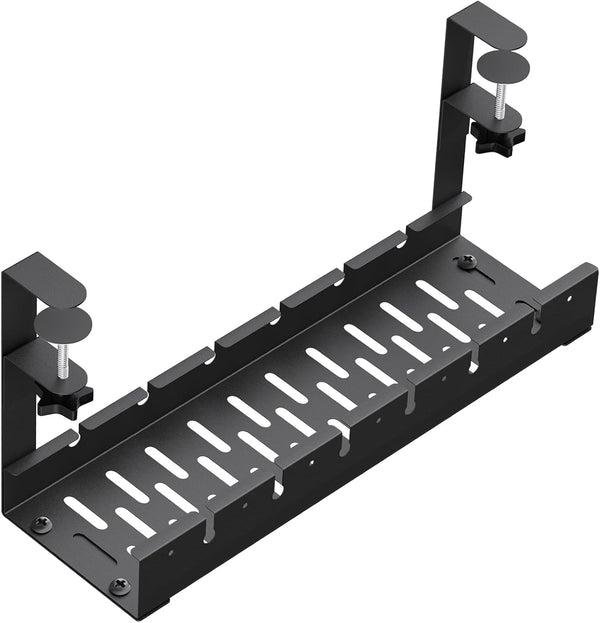 No Drilling Under Desk Cable Management, Metal Cable Management Tray with Clamp, Retractable Power Strip Holder