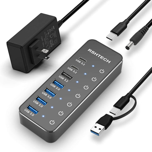 RSHTECH 7-Port Powered USB 3.2 Hub with 10Gbps USB-A 3.2, 2 USB-C 3.2, 4 USB 3.0 Ports, 3.3ft Cable