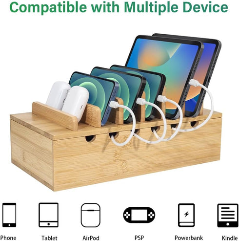 Bamboo Charging Station for Multiple Devices, Upgrade Desk Docking Station Organizer for Apple Devices (Includes 6