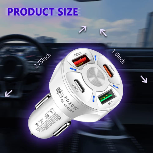 4 Port USB C Car Charger Adapter with LED Light, Quick Charge Type C/PD 20W/QC 3.0 for iPhone 14 13 12 S22 S21 (White)
