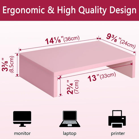 (Pink-14.2 inch) TEAMIX Pink Monitor Stand Riser, Wood Monitor Riser with Storage for Desk Small Monitor Stand