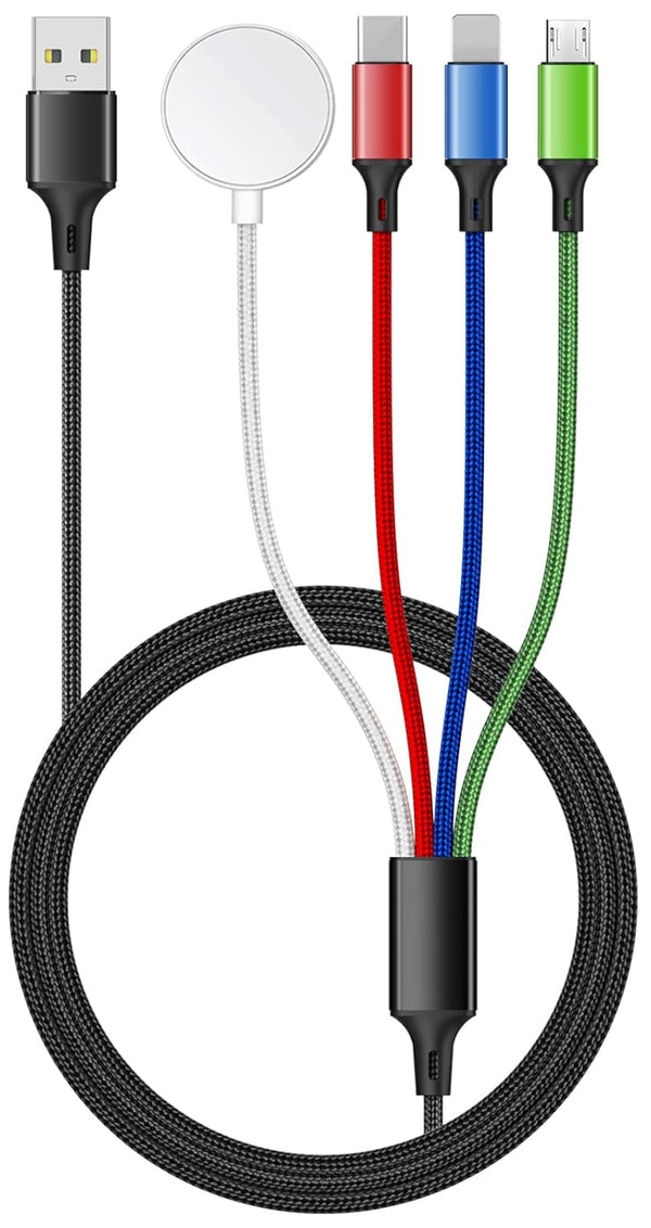 5FT/1.5M Multi Charging Cable for Apple Watch Charger Travel Nylon Braided USB C Micro USB Lightning Compatible with