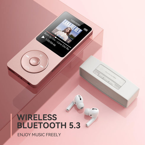 AGPTEK A02 MP3 5.3, 1.8 inch 128GB(Rose 32GB) Player with Bluetooth Screen Portable Music Player with Speaker, FM