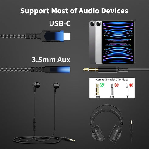 USB C to 3.5mm Headphones Jack Adapter for Galaxy S24 Ultra, iPhone 15 Pro Max, Samsung S23, Pixel 7, iPad, MacBook.
