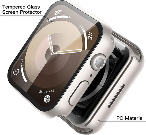 Misxi 2 Pack Hard PC Case with Tempered Glass Screen Protector for Apple Watch Series 9, 8, 7 45mm, 2 Starlight