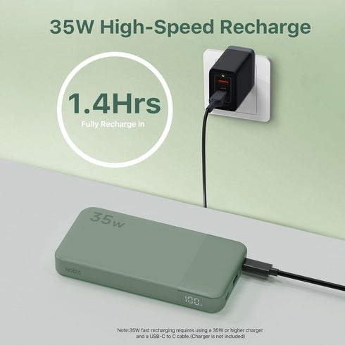 NOBIS Portable Charger 10000mAh Power Bank, 35W Fast Charging with C to C Cable and Digital Display for iPhone, iPad,