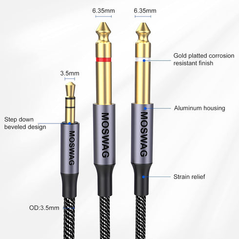 MOSWAG 3.5mm TRS to Double 6.35mm TS Mono Y-Cable, 6.6FT Splitter Cable Compatible with Phone, iPod, Laptop
