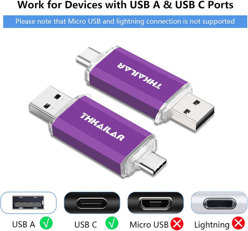 THKAILAR 128GB 2 Pack, 2 1 15/16/17,Android,Mac,PC, USB Flash Drive in USB C & USB A Thumb Drive, Stick for iPhone Plug