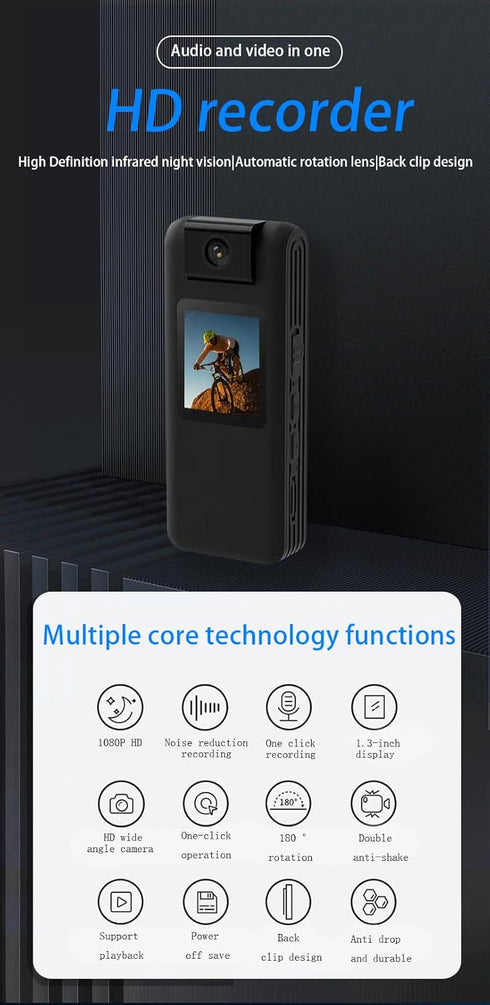Portable Small Body Worn Cam, Wearable Pocket Video Recorder, Mini Body Camera with 180° Rotatable Lens for Home and