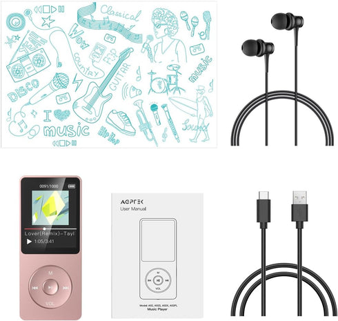 AGPTEK A02S 16GB MP3 70 128GB, Player, Hours Playback Lossless Sound Music Player, Supports up to Rose Gold