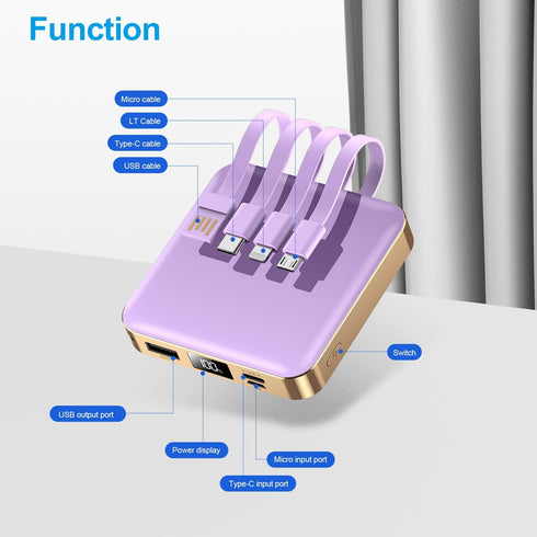 12000mAh Small Power Bank, Mini Portable Charger with Built-in 4 Cables, Smart LED Display for iPhone, Tablet