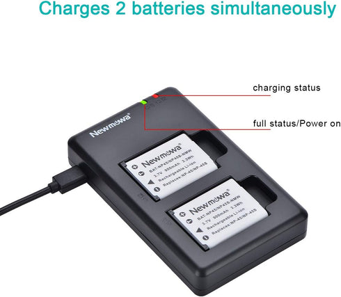 Newmowa NP-45 NP-45S Replacement Battery 2 Pack with Dual USB Charger Kit for Fujifilm INSTAX Mini 90 and FinePix