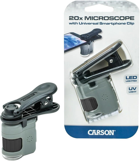 Carson MicroMini 20x LED Lighted Pocket Microscope with Built-in LED and UV Flashlight, Universal Smartphone