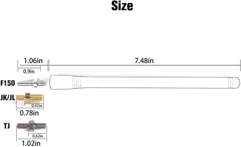 JeCar 7.5 Inch Reflex Short Antenna Replacement for 1997-2025 Jeep Wrangler TJ JK JL, Optimized FM/AM Reception