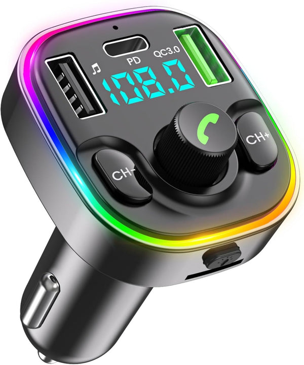 Bluetooth 5.3 FM Transmitter Car Adapter, Fast Charger with Hi-Fi Audio & Clear Calls, 7 Colors LED Backlit