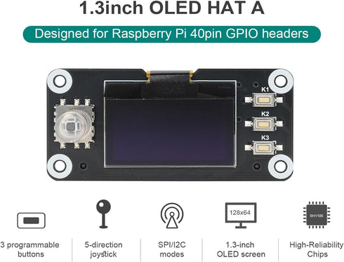 xicoolee 1.3inch 12864 SH1106 SPI/I2C OLED Display HAT for Raspberry Pi, Screen Module with Joystick & Buttons