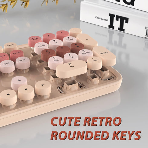 KOOTOP Wireless Keyboard and Mouse, 2.4G Cute Keyboard with Retro Round Keycap for PC, Mac, Laptop, Tablet (Milk Tea)