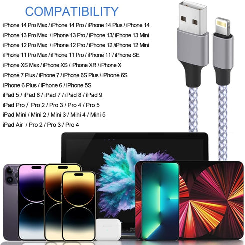TAKAGI MFi Certified Lightning Cable 3-Pack, 6FT Nylon Braided USB Charger for iPhone 14/13/12/11 Pro Max/iPad.