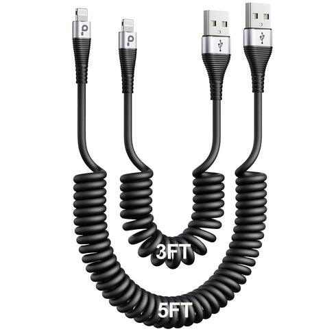 Apple MFi Certified iPhone Charger Cable for Car (3FT/5FT) - 2Pack Coiled Lightning Cord for iPhone 14/13/12/11 Pro