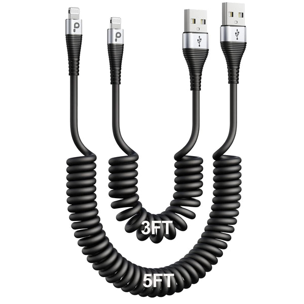 Apple MFi Certified iPhone Charger Cable for Car (3FT/5FT) - 2Pack Coiled Lightning Cord for iPhone 14/13/12/11 Pro