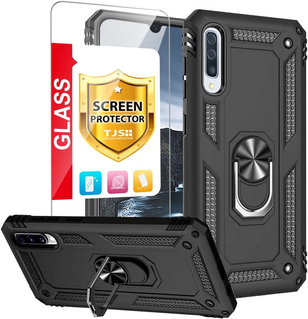 TJS Heavy Duty Case for Samsung Galaxy A50 2019, with Tempered Glass Screen Protector and Kickstand