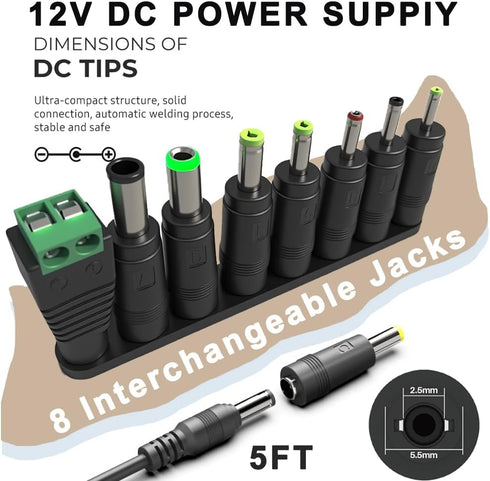 GGRD 12V 2A 8 12Volts 500mA-2000mA Power Supply AC Adapter Replacement with Tips, Universal Regulated Regulated Power