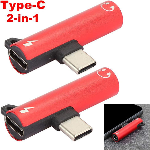 2Pcs USB Type-C to 3.5mm Female Headphone & Charger Adapter, 2-in-1 Fast Charging Cable for Type-C Phones (Red)