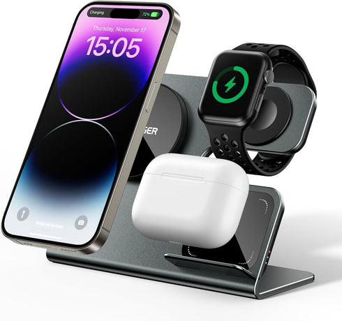 3 in 1 Magnetic Wireless Charging Station, 15W Aluminum Alloy Charger for iPhone 16/15/14/13/12 Series with 20W Adapter